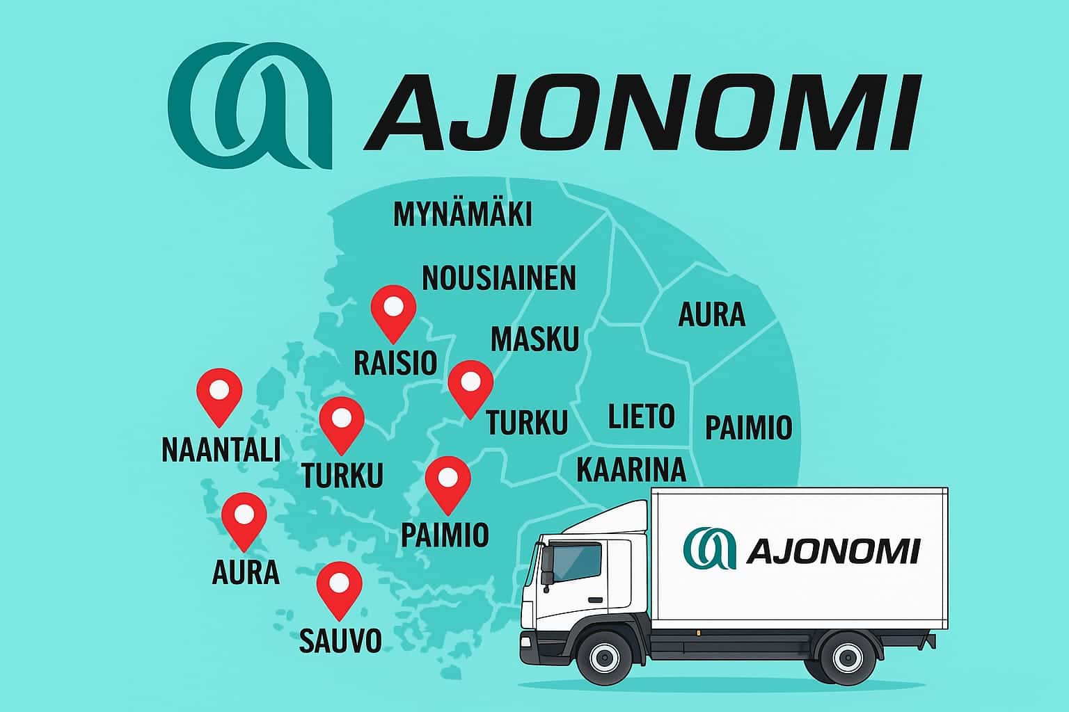Ajonomin toiminta-alueet kartalla: Turku, Kaarina, Raisio, Naantali, Lieto, Paimio, Masku, Nousiainen, Mynämäki, Aura ja Sauvo